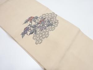 手織り紬　手描き網目に牡丹模様名古屋帯